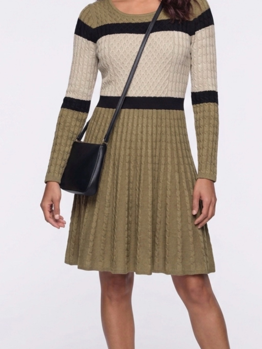Calvin Klein Olive, Cream & Black Cable-Knit Long Sleeve Dress